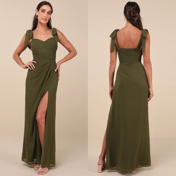 Lulus Dresses & Skirts - Lulus Gorgeous Whimsy Olive Pleated Off-the-Shoulder Maxi Dress L Wedding Party